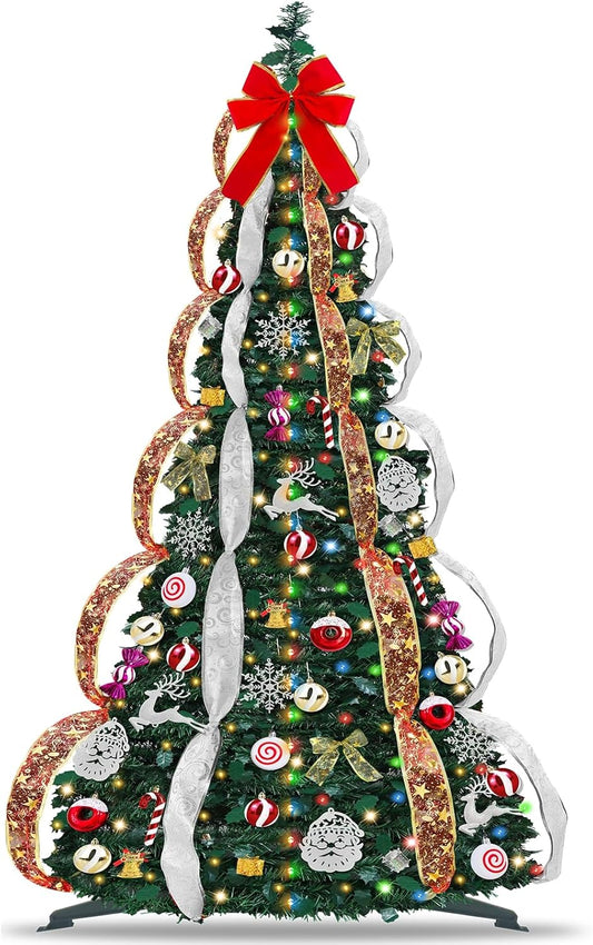 6 FT Prelit Pop Up Christmas Tree with 200 Warm White & Multicolor Lights 8 Modes & Timer Fully Decorated 103 Ornaments, Collapsible Pull Up Christmas Tree with Lights for Indoor Home Party Decor