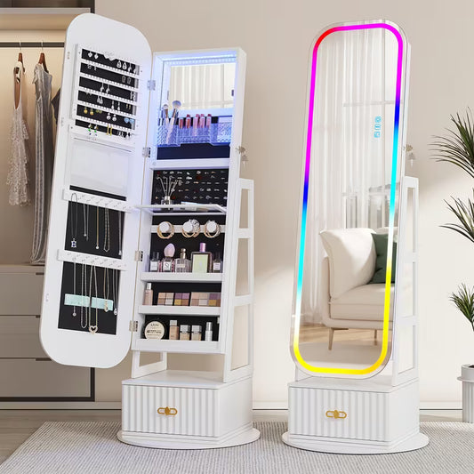 Armadio Gioielli 360° Vintage con Specchio e Luci LED