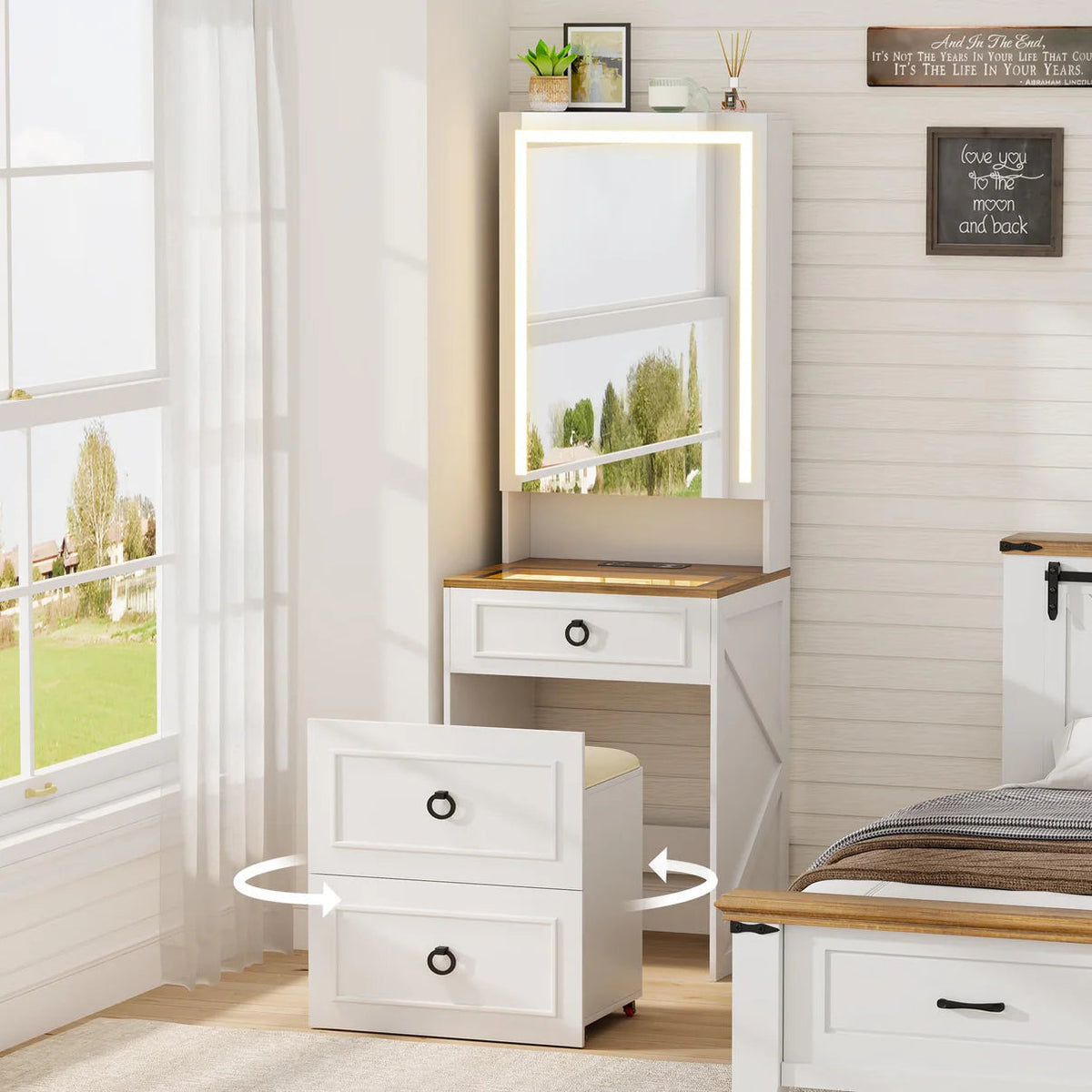A Tocador 3 in 1 con specchio LED e sgabello con contenitore