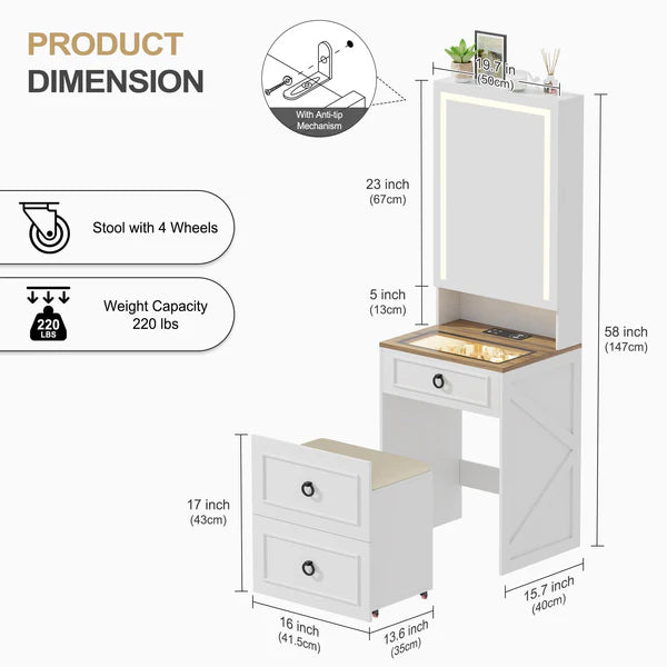 A Tocador 3 in 1 con specchio LED e sgabello con contenitore