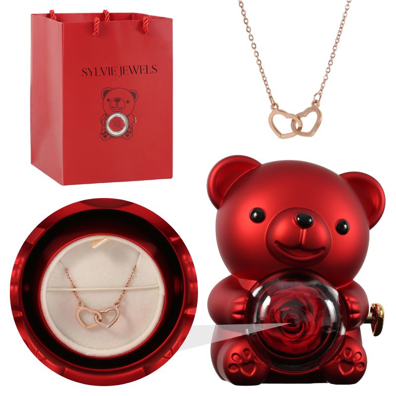 Orso rosa eterno con collana incisa per l'innamorato